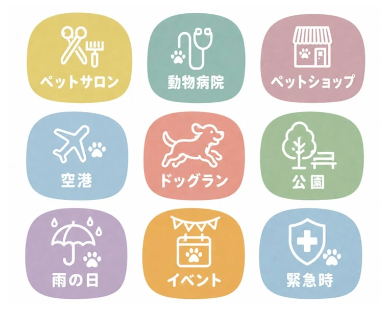 ご利用シーン一覧：ペットサロン・動物病院・ペットショップ・空港・ドッグラン・公園・雨の日・イベント・緊急時